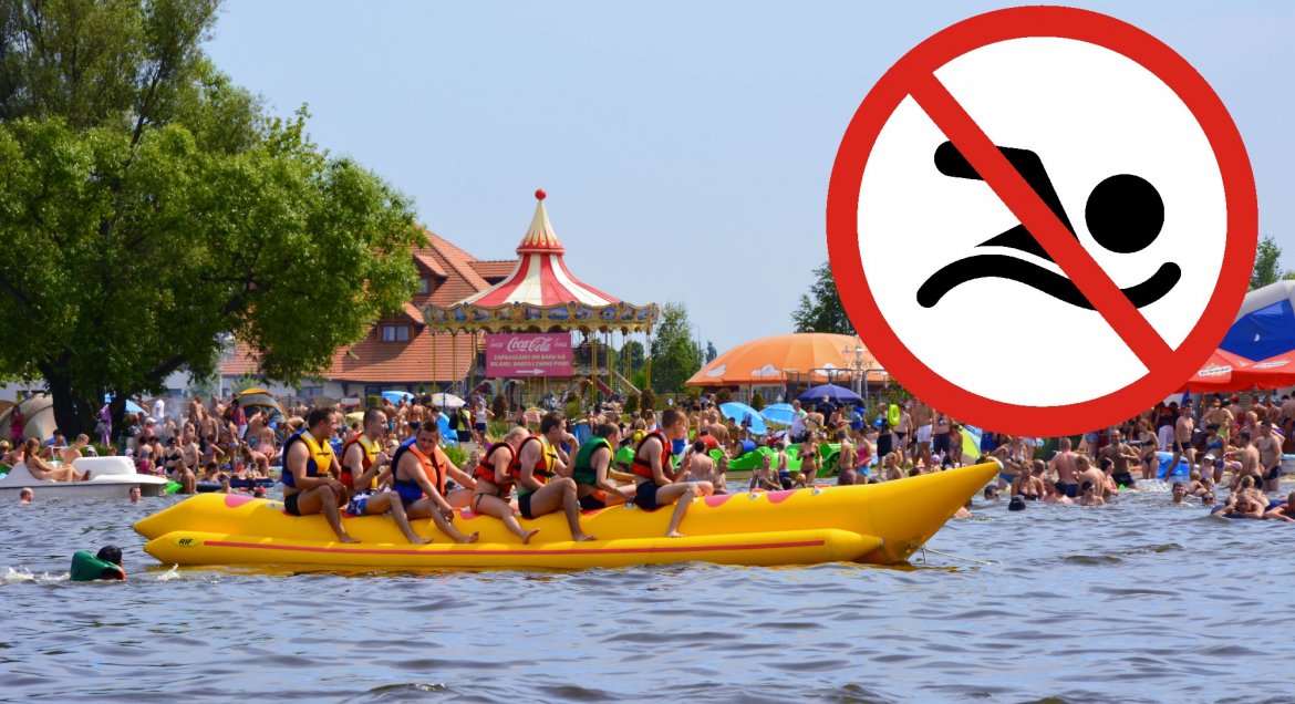 fot. Znak zakazu kąpieli wraz ze zdjęciem kąpieliska w Nieporęcie
