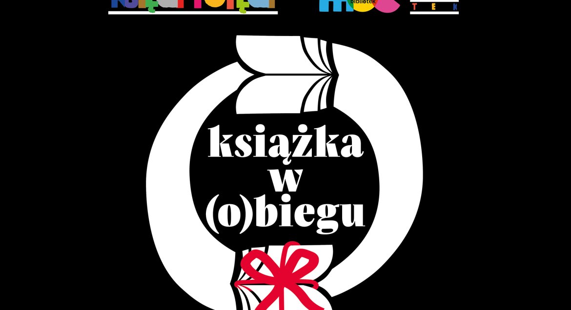 Grafika, czarne tło, napisy Noc Biliotek, Książka w (o)biegu