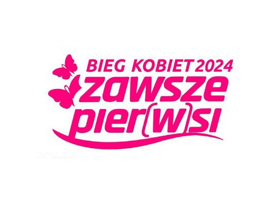 Różowy napis na białym tle: „Bieg Kobiet 2024 – Zawsze PierWsi, jesień”