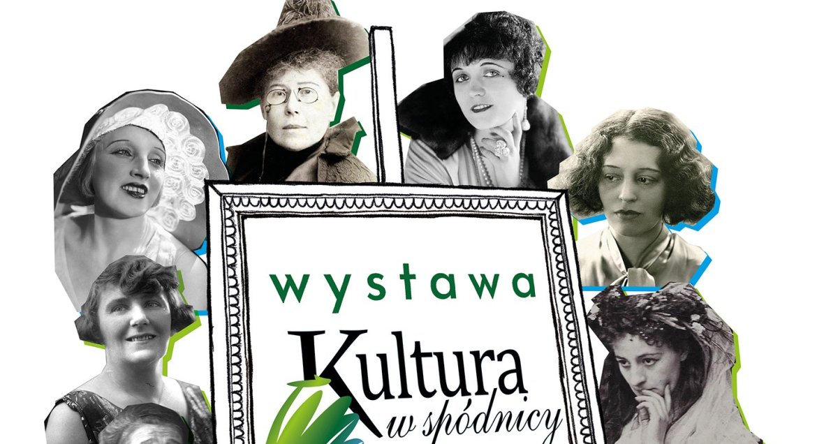 Grafika w formie kolażu. W centralnym punkcie rama obrazu, w środku napis "Wystawa Kultura w spódnicy". Dookoła czarno-białe portety polskich artystek.