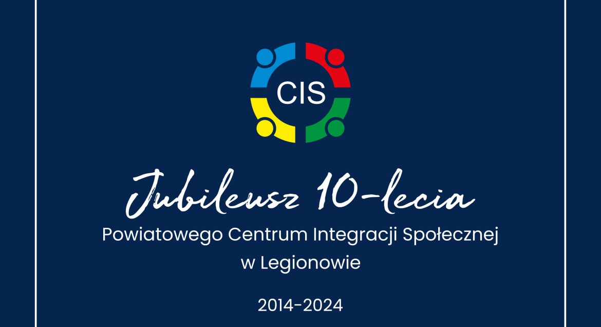 Grafika przedstawia okładke publikacji, granatowe tło, biały napis: Publikacja Jubileusz 10-lecia Powiatowego Centrum Integracji Społecznej 2014-2024, na górze logo PCIS