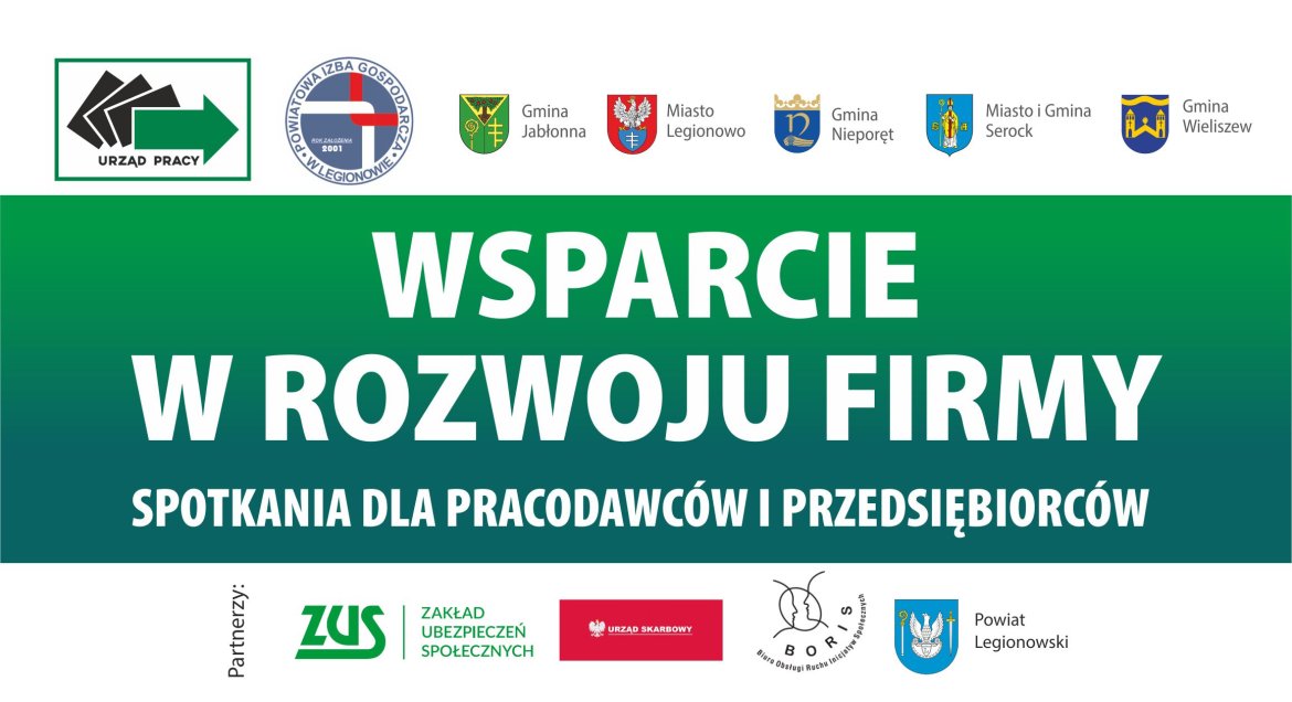 Plakat zapraszający do udziału w wydarzeniu pn.: „Wsparcie w rozwoju firmy. Spotkania dla pracodawców i przedsiębiorców”. Poniżej i powyżej napisu logotypy i herby organizatorów oraz partnerów wydarzenia pod tą nazwą