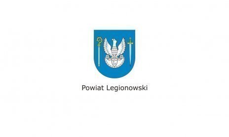 Herb Powiatu Legionowskiego, biały orzeł na błękitnej tarczy.