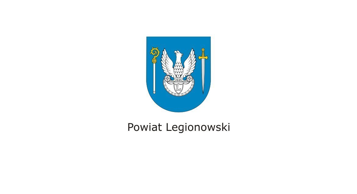 Herb orzeł z na błękitnym tle z mieczem i pastorałem z podpisem Powiat Legionowski