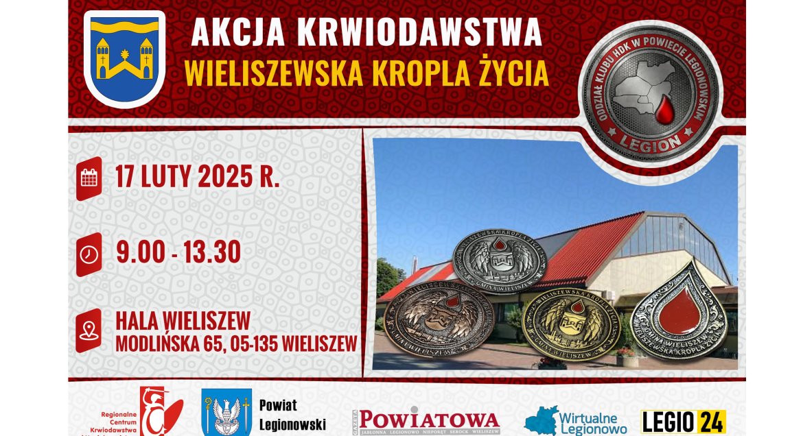 Plakat zapraszający na wydarzenie,  miejsce i data w tytule i treści aktualności, w tle zdjęcie hali sportowej, logotypy Urząd Gminy Wieliszew, RCKiK w Warszawie, Powiat Legionowski, Gazeta Powiatowa, Wirtualne Legionowo, Legio24