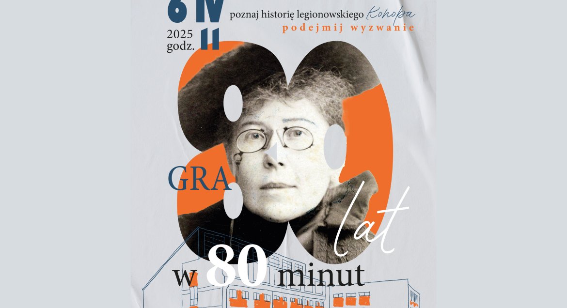 Grafika promująca grę miejska, główny motyw postac Marii Konopnickiej wpisana w cyfrę 80.