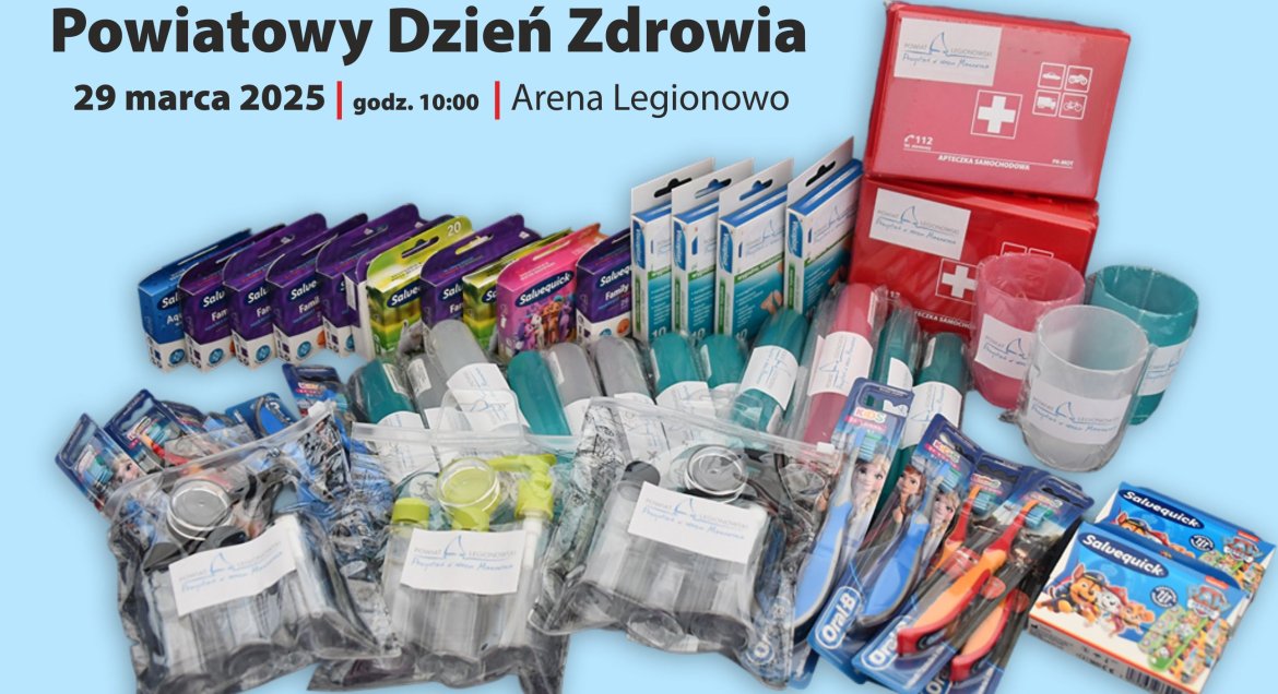 gadzety na danrody: pojemniki na szczoteczki, szczoteczki, kubeczki, plasterki, apteczki, napis: Powiatowy Dzień Zdrowia