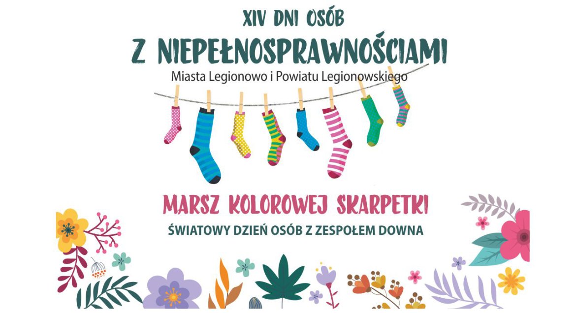 grafika z napisem XIV Dni Osób z Niepełnosprawnościami Miasta Legionowo i Powiatu Legionowskiego i Marsz kolorowej skaretki