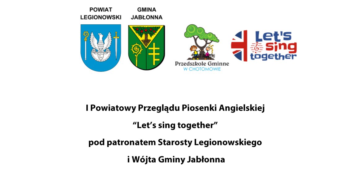 grafika zawierająca logotypy patronów i organizatorów wydarzenia pod nimi napis I Powiatowy Przegląd Piosenki Angielskiej