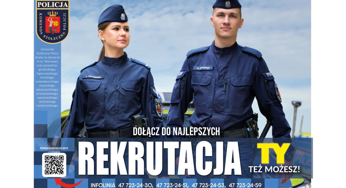 Plakat dwójka policjantów, logo komendy stołecznej, napis Ty też możesz