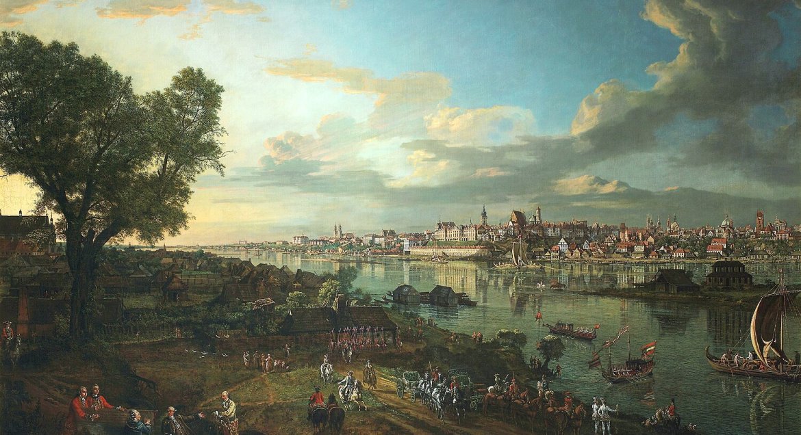Ilustracja przedstawia obraz Bernarda Bellotto zwanego Canaletto, Widok Warszawy od strony Pragi, 1770, zbiory Zamku Królewskiego w Warszawie,  źródło: Wikimedia Commons.