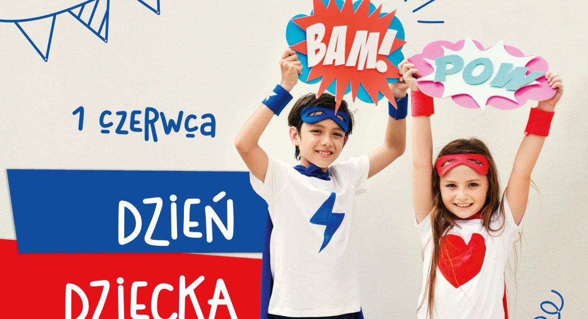 Grafika: po lewej napis 1 czerwca Dzien dziecka. Po prawej chłopiec i dziewczynka w strojach superbohaterów.