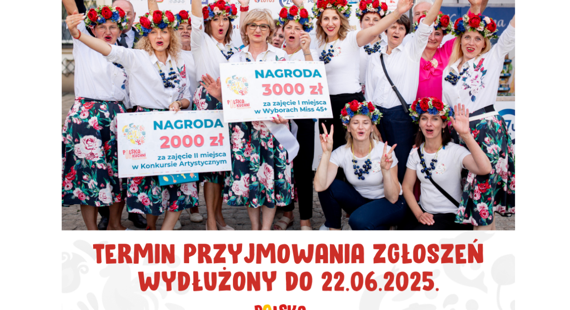 grafika z kobietami ubranymi w strole ludowe, trzymają ręce w górze, napis: termin przyjmowania zgoszeń do 22.06.2025