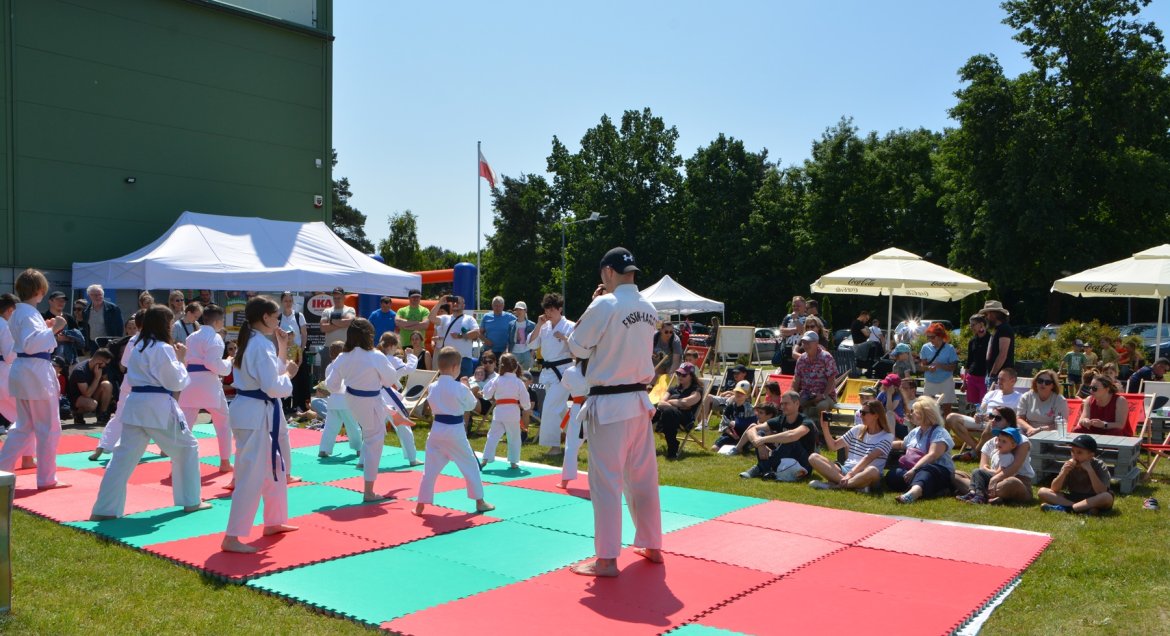 Na zdjęciu gryupa karateków ubrana w białe stroje, cwiczą na macie, przed nimi uczestnicy pikniku