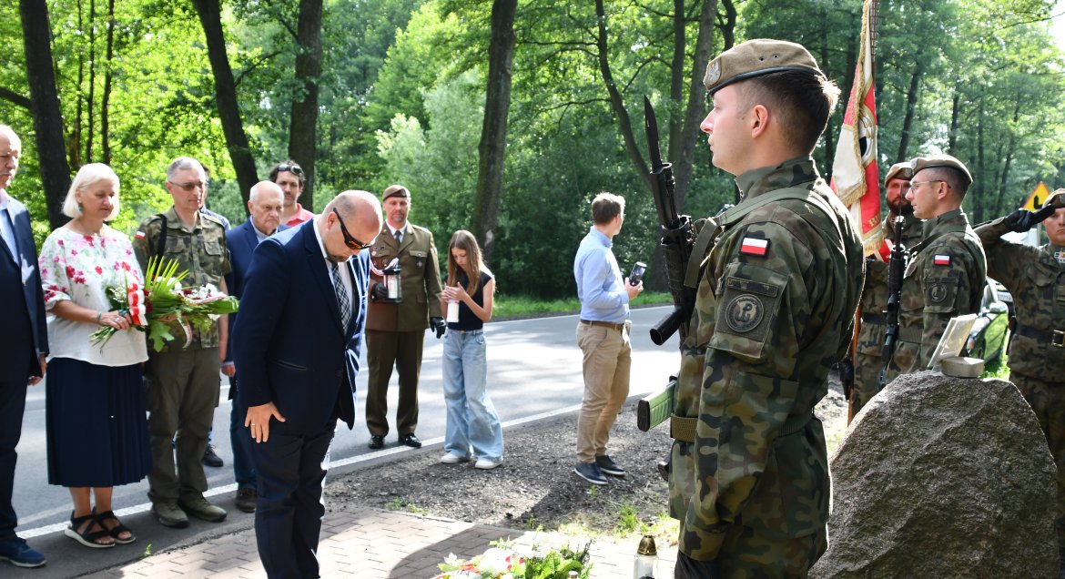 Złożenie hołdu pod pomnikiem, przed pomnikiem wisestarosta, wokół zgromadzeniu uczestnicy uroczystości