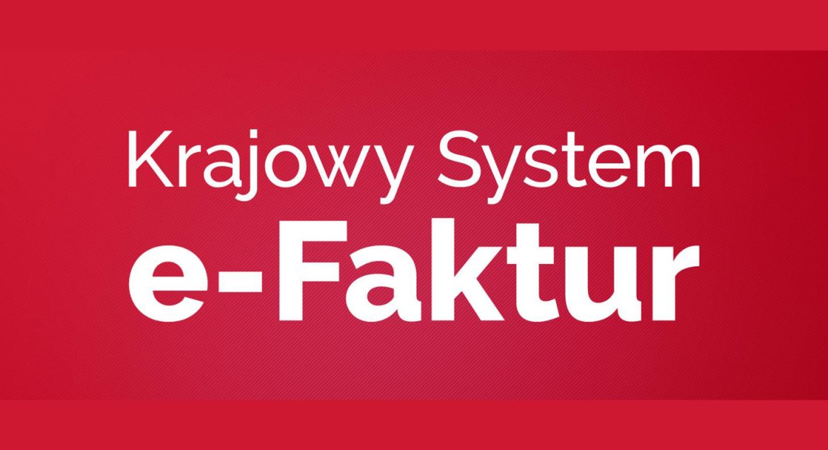 Grafika, czerwone tło, biały napis: Krajowy System e Faktur.