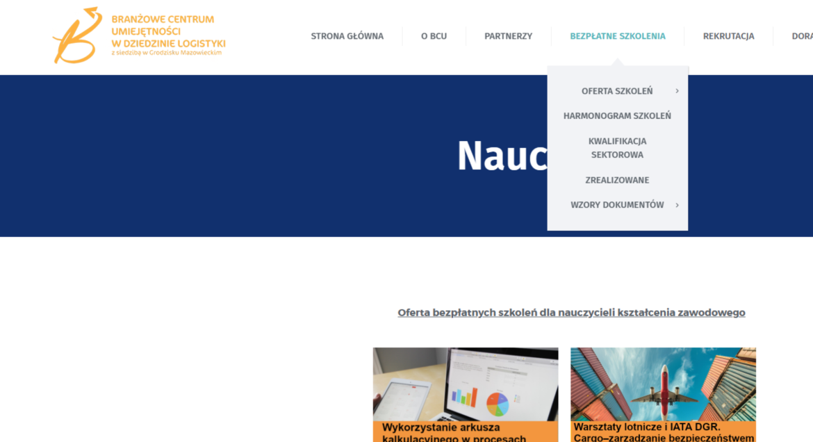 Strona Internetowa Branżowego Centrum Umiejętności w dziedzinie Logistyki z wyróżnioną zakładką dot. bezpłatnych szkoleń.