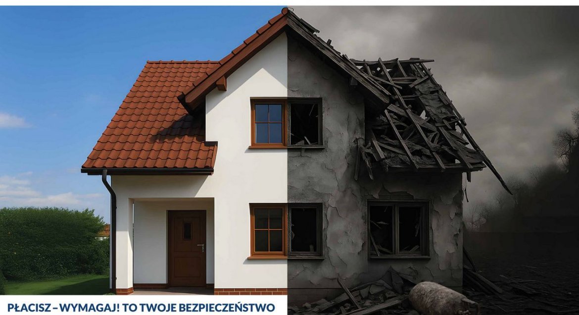 Plakat informacyjny dotyczący kampanii. Obrazek przedstawia pół domu niezniszczonego i pół zniszczonego wybuchem butli z gazem