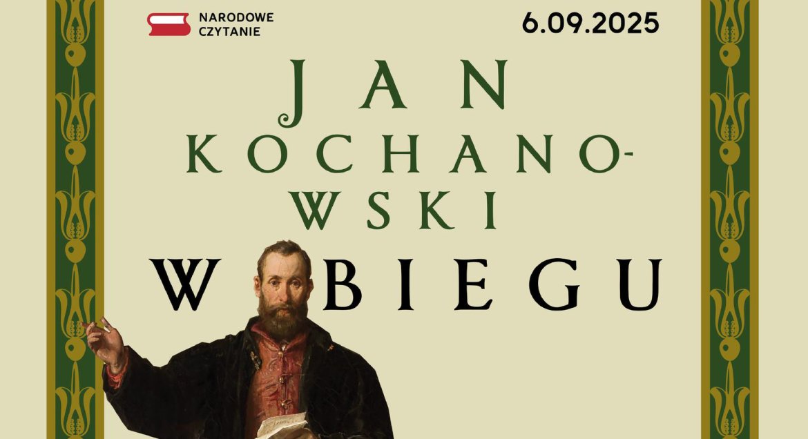 Grafika, po lewej postac Jana Kochanoweskiego, po porawej napis 06.09.2025 r. Jan Kochanowski w Biegu.
