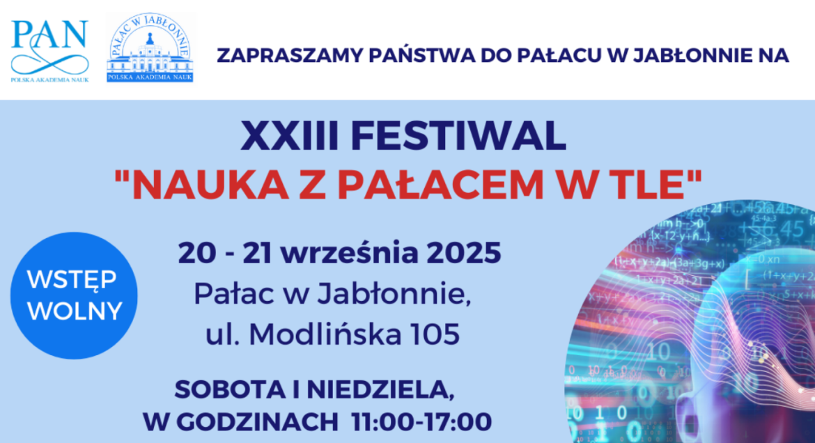 Zdjęcie przedstawia plakat XXIII Festiwalu Nauka z Pałacem w tle
