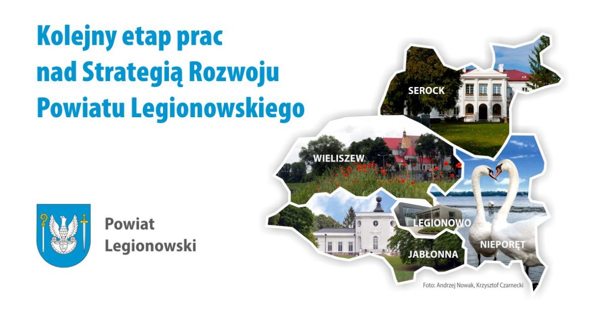 Grafika zmapą powiatu ze zdjęciami napis Kolejny etap prac  Strategia Rozwoju Powiatu Legionowskiego