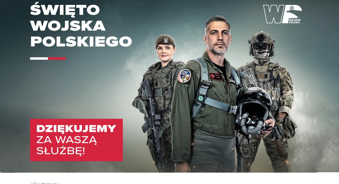 Grafika przedstawia trzech żołnierzy Wojska Polskiego w pełnym umundurowaniu: kobieta z karabinem, mężczyzna w kombinezonie pilota trzymający hełm oraz żołnierz w kamuflażu i zaawansowanym sprzęcie taktycznym z noktowizorem. Po lewej stronie znajduje się napis „Święto Wojska Polskiego” oraz w czerwonym polu hasło „Dziękujemy za Waszą służbę!”. Na dole widoczne jest logo Ministerstwa Obrony Narodowej.
