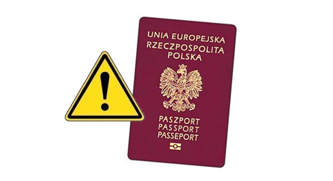Na zdjęciu jest okładka paszportu i znak ostrzegawczy.