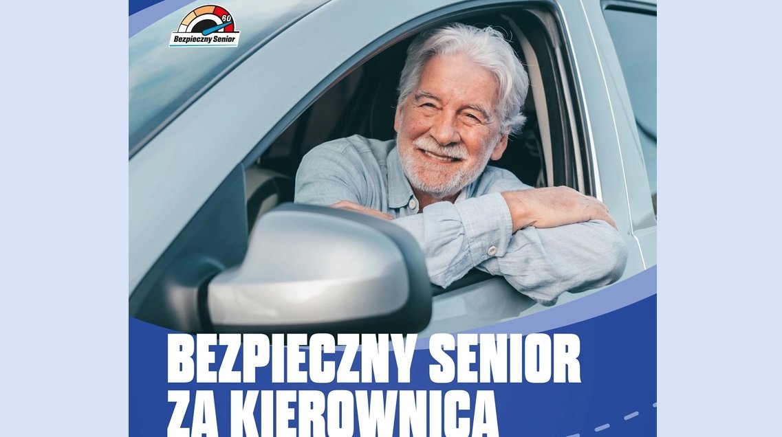 foto seniora w aucie, napis bezpieczny senior