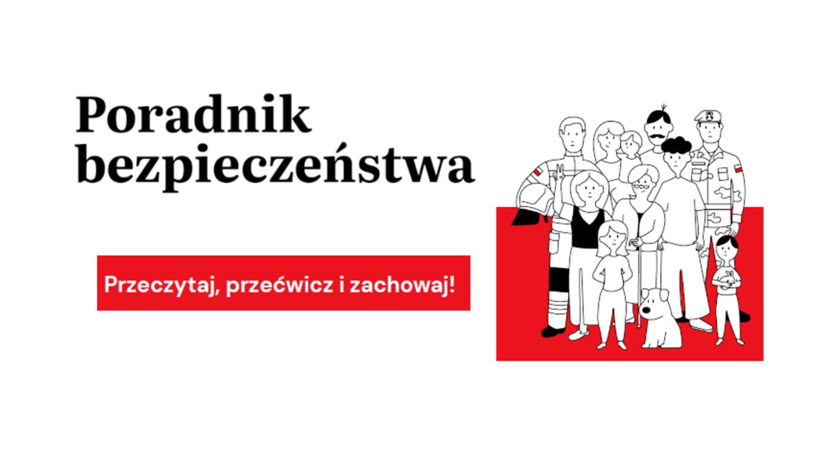 Na biało-czerownym tle widać rysunek grupy osób i psa