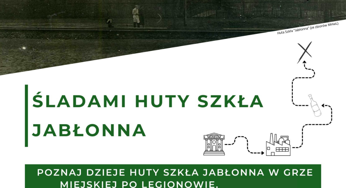 Na grafice widoczny duży zielony napis  - Śladami huty szkła Jabłonna