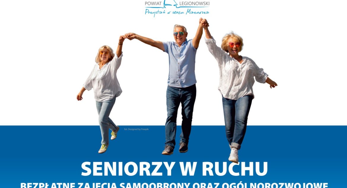 Grafika z napisem: SENIORZY W RUCHU - BEZPŁATNE ZAJĘCIA SAMOOBRONY ORAZ OGÓLNOROZWOJOWE