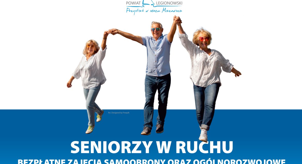 Grafika z napisem: SENIORZY W RUCHU - BEZPŁATNE ZAJĘCIA SAMOOBRONY ORAZ OGÓLNOROZWOJOWE