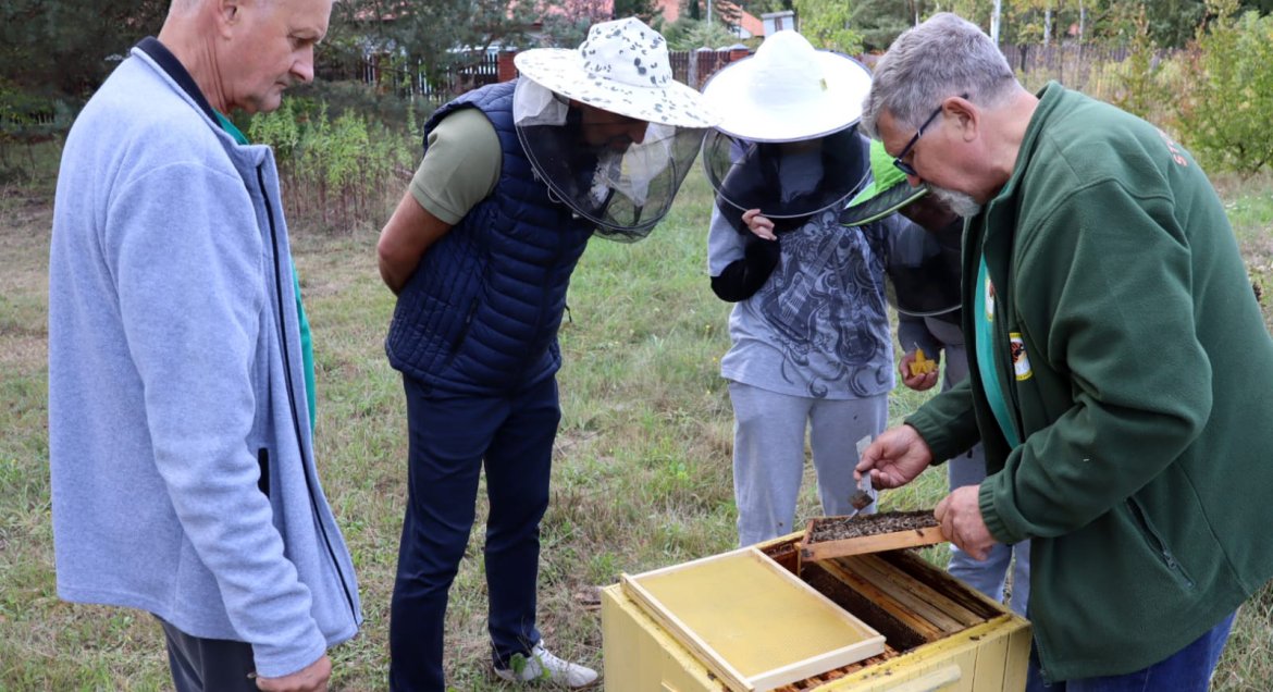 Na zdjęciu widać grupę osób przy ulu. Jedna z nich, ubrana w zieloną kurtkę, trzyma ramkę z pszczołami i pokazuje ją pozostałym. Dwóch uczestników ma na głowach ochronne kapelusze pszczelarskie