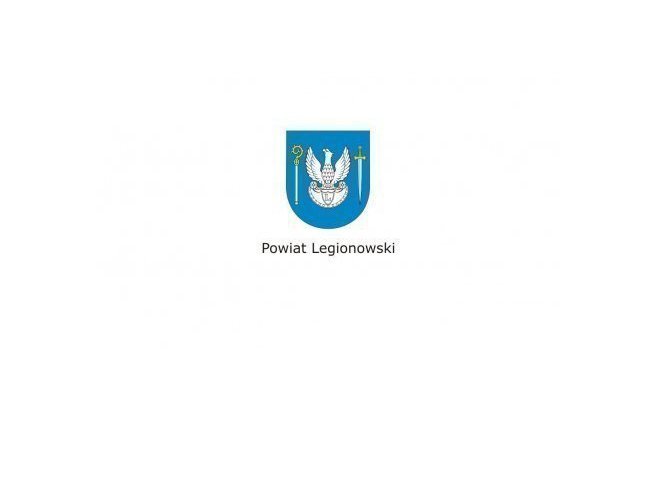 Herb orzeł z na błękitnym tle z mieczem i pastorałem z podpisem Powiat Legionowski