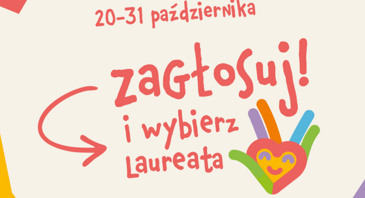 Na grafice widać uśmiechnięte serce na dłoni z napisem zagłosuj i wybierz laureata