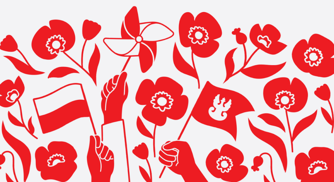 Grafika z białym tłem i  czerwonymi makami oraz flagą biało-czerwoną