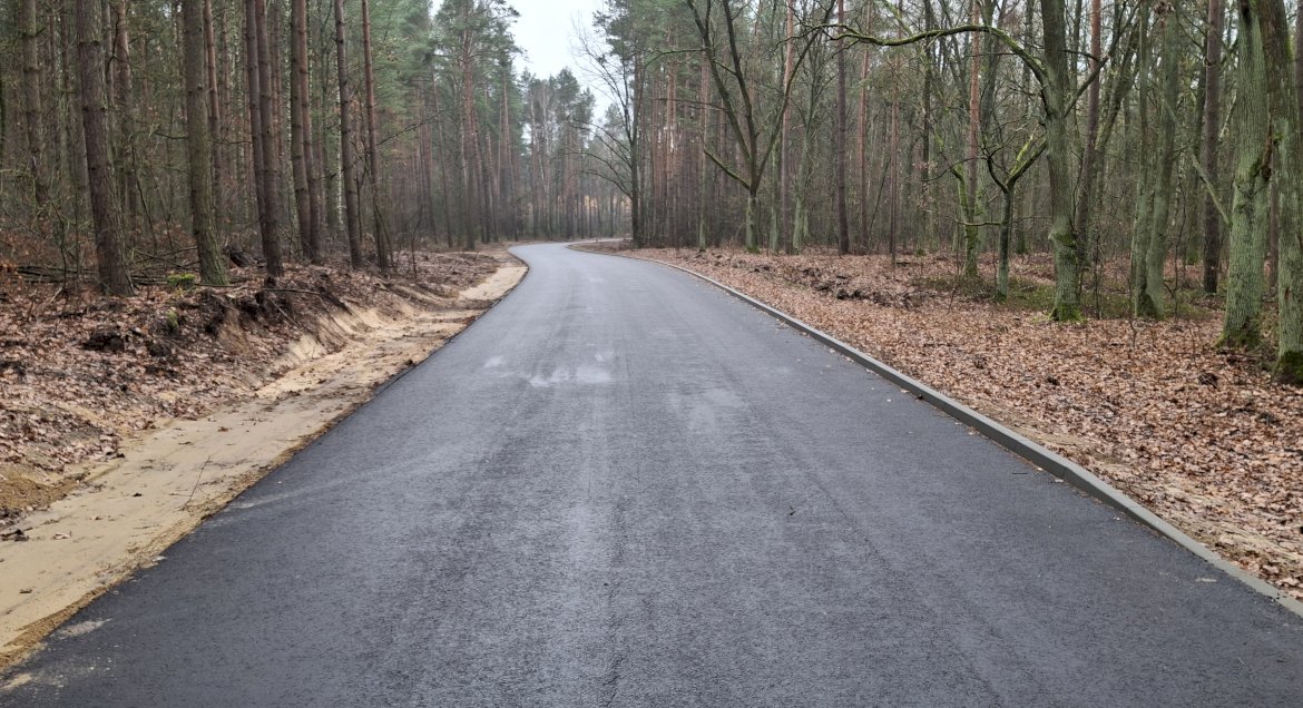 Zdjęcie - fragment przebiegajacej przez las wyremontowanej drogi w Dąbkowiznie