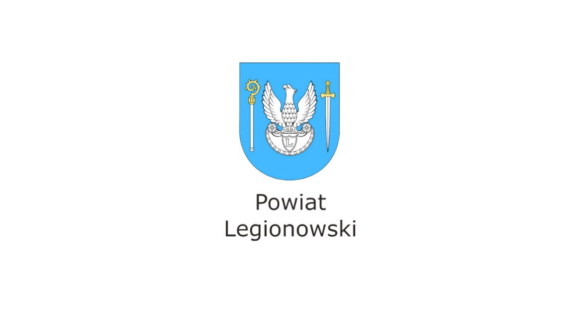 Na niebieskim tle biały orzeł na środku, po prawej stronie pastorał, po lewej stronie miecz z rękojeścią