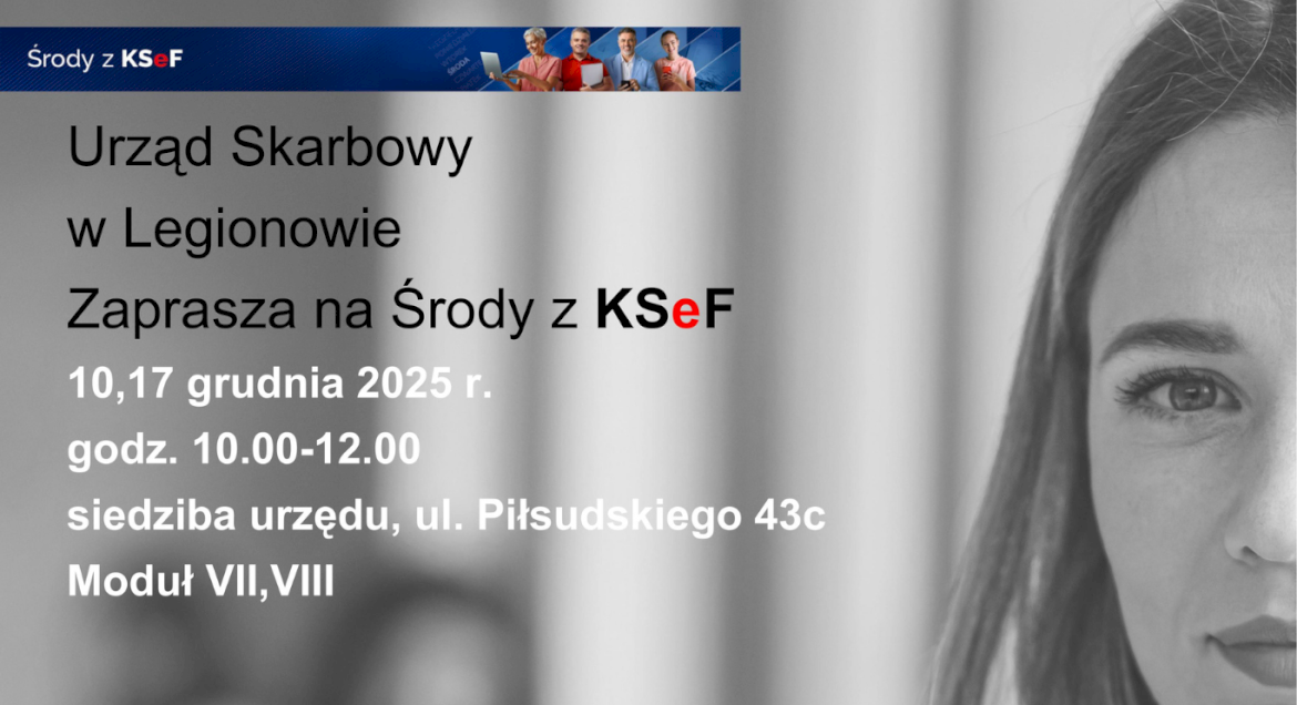 Na szarym tle po prawej stronie widać połowę twarzy kobiety, po lewej stronie informacje o tym kiedy i gdzie odbęda się szkolenia z KSeF