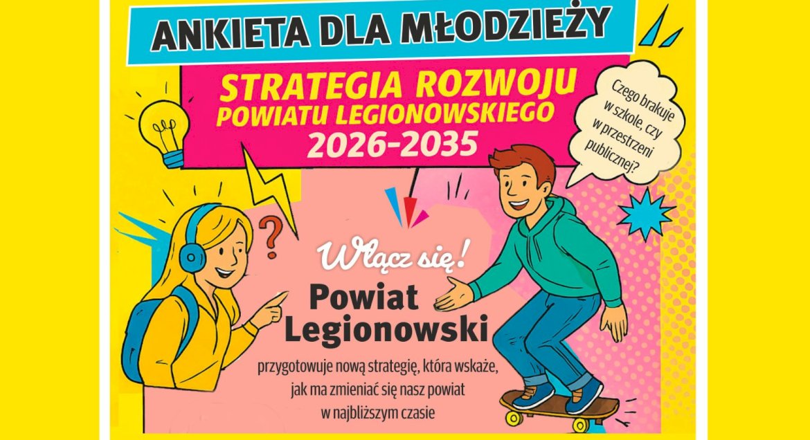 Fragment plakatu ankiety dla młodzieży dotyczącej strategii rozwoju Powiatu Legionowskiego