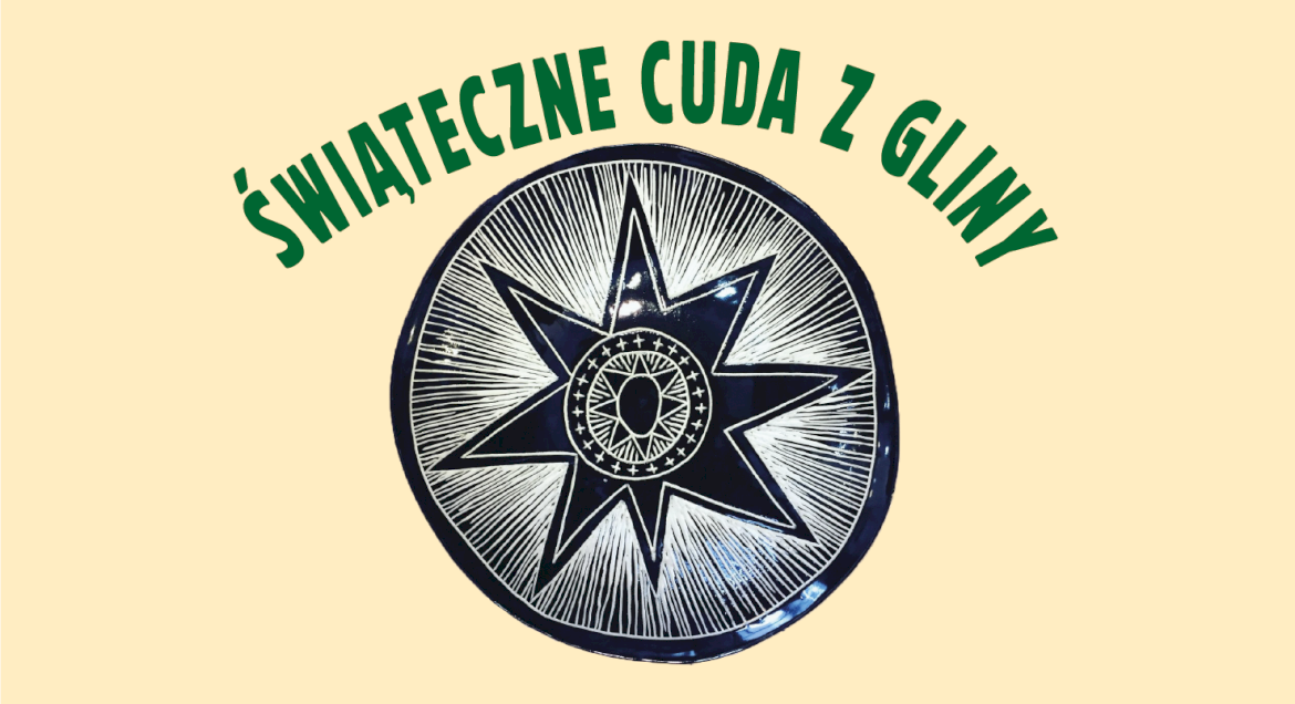 grafika przedstawia ceramiczny talerz na żółtym tle i napis świąteczne cuda z gliny