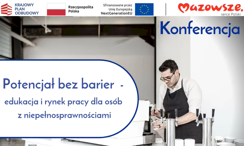 Na zdjęciu po prawej stronie mężczyzna nalewający z automatu kawę, po lewej stronie na białym tle duży tyuł konferencji