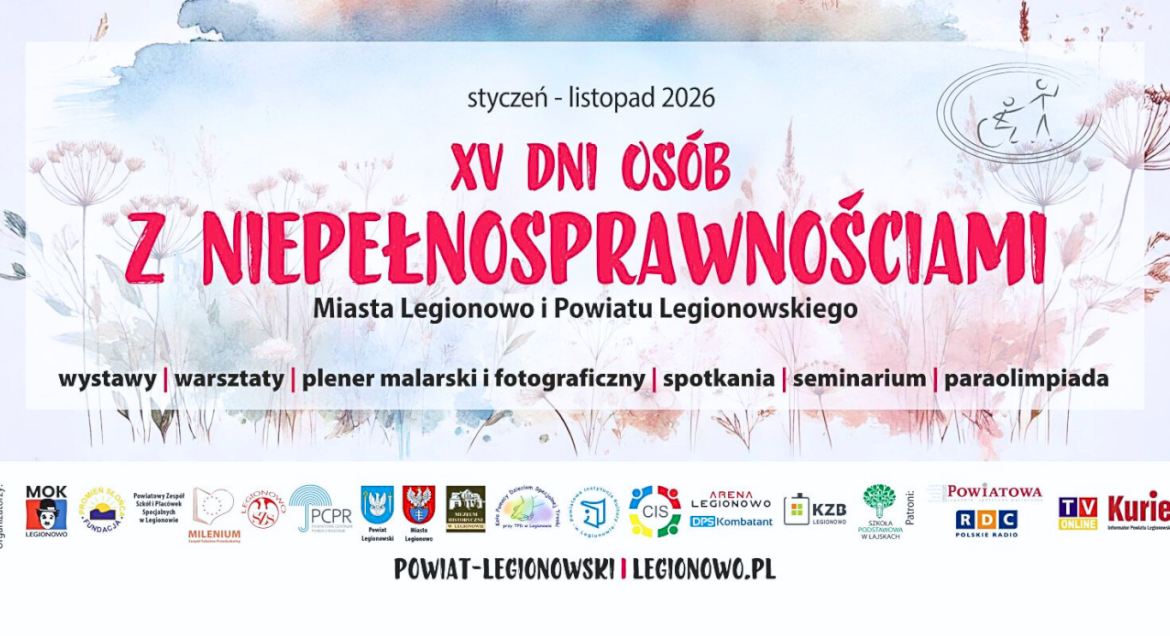 Widoczna jest podłużna grafika z beżowymi kwiatkami z dużym różowym napisem XV Dni Osób z Niepełnosprawnościami