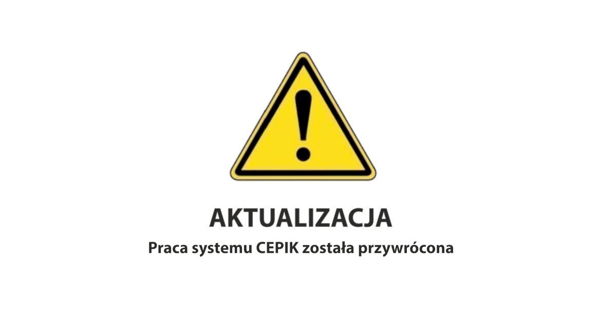 znak ostrzegawczy napis: Praca systemu cepik przywrócona