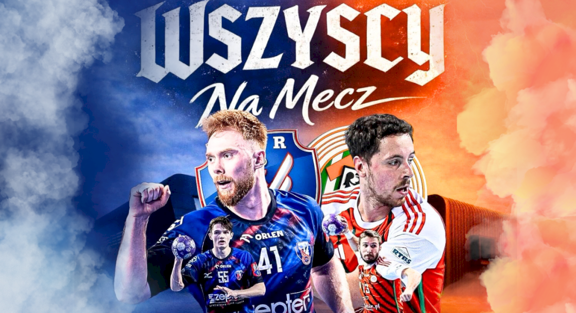 Plakat zapowiadający mecz piłki ręcznej z dwoma zawodnikami przeciwnych drużyn