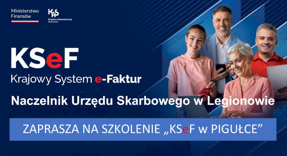 Granatowa grafika z ludźmi w prawym górnym rogu i dużymi białymi napisami informującymi o darmowym szkoleniu KSeF