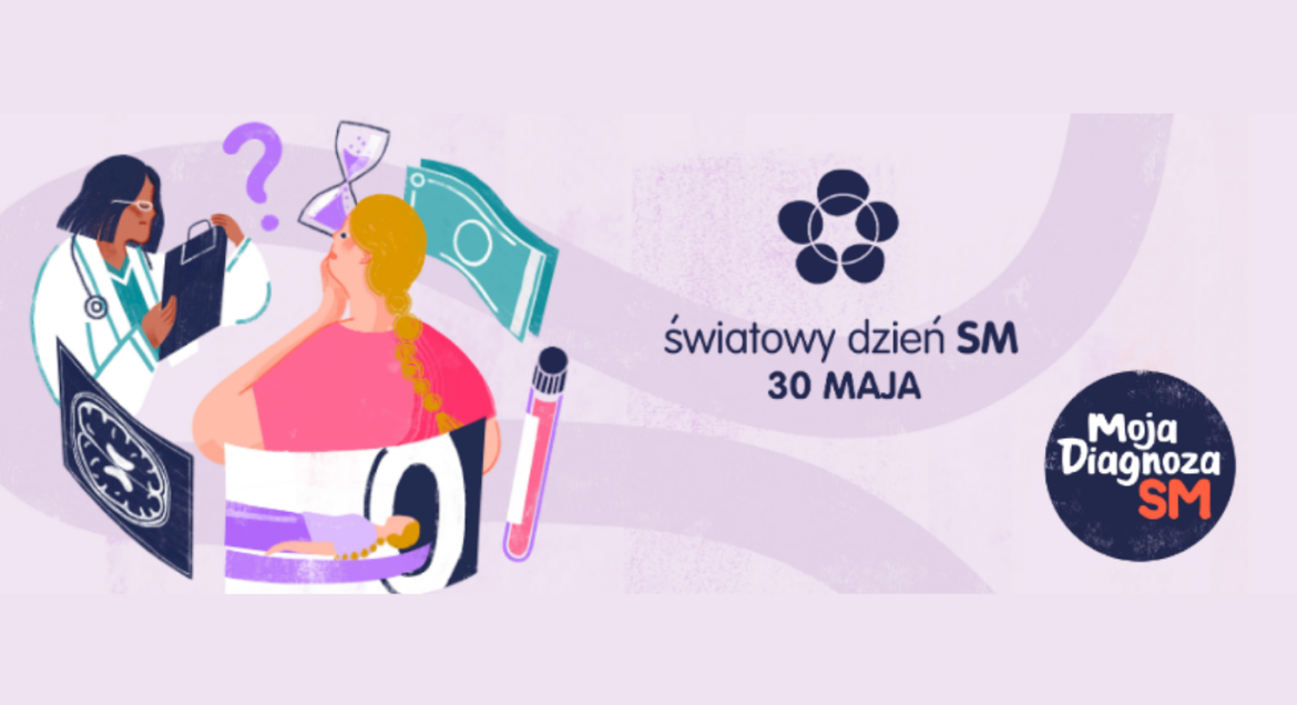 Fioletowa grafika z lekarzem, pacjentem i granatowym napisem Światowy Dzień SM 30 Maja