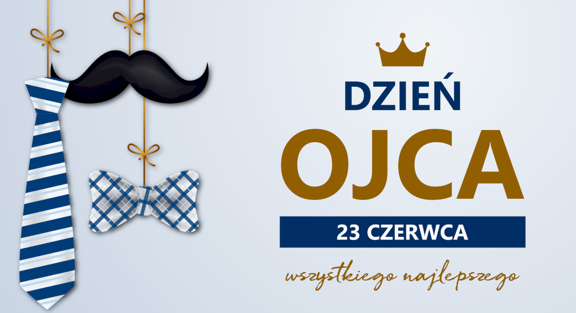 grafika z muszką i wąsami i napis 23 czerwca Dzień Ojca