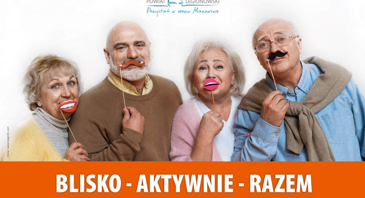 Grafika: grupa 4 senirów pod spodem napis: Blisko - Aktywnie - Razem - ZAPISY - Wycieczka do Sierpca