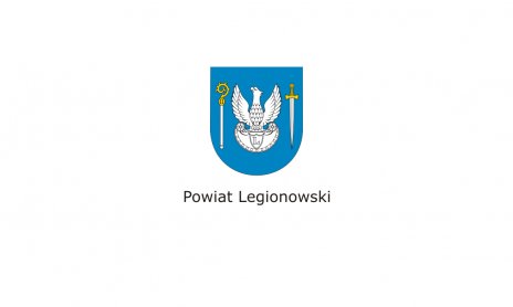 Herb Powiatu Legionowskiego. Biały orzeł na niebieskiej tarczy, po bokach figury heraldyczne miecz i pastorał.